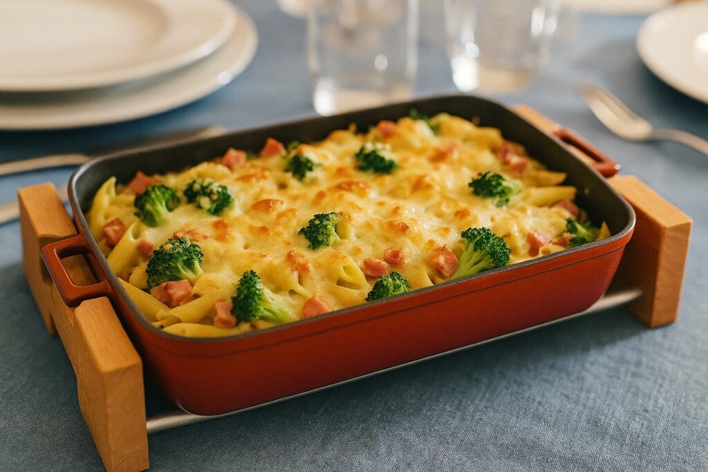 Zapečené těstoviny se sýrem a šunkou v litinovém pekáči na prostřeném stole