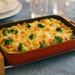 Zapečené těstoviny se sýrem a šunkou v litinovém pekáči na prostřeném stole