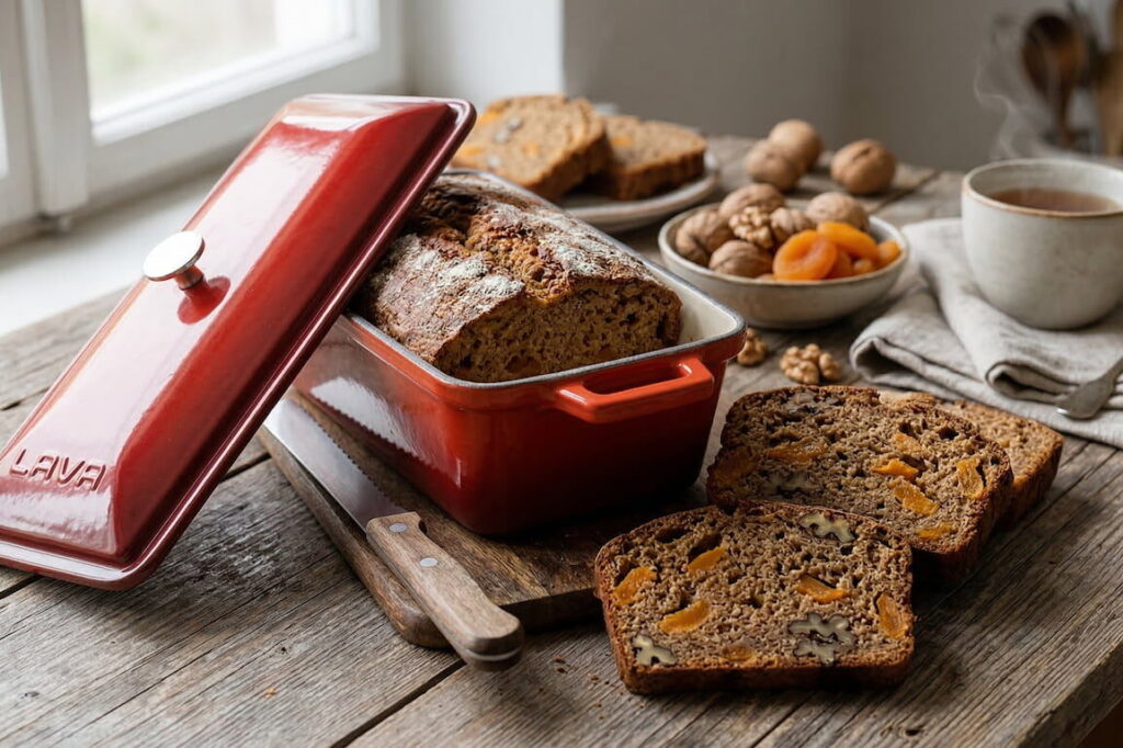 Špaldový chlebíček se sušenými meruňkami a vlašskými ořechy do zlatova upečený v litinové terině.