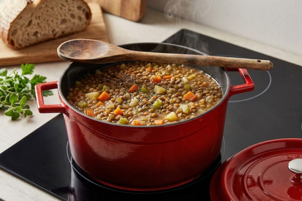 Hrnec plný čočkové polévky se zeleninou na sklokeramické desce.