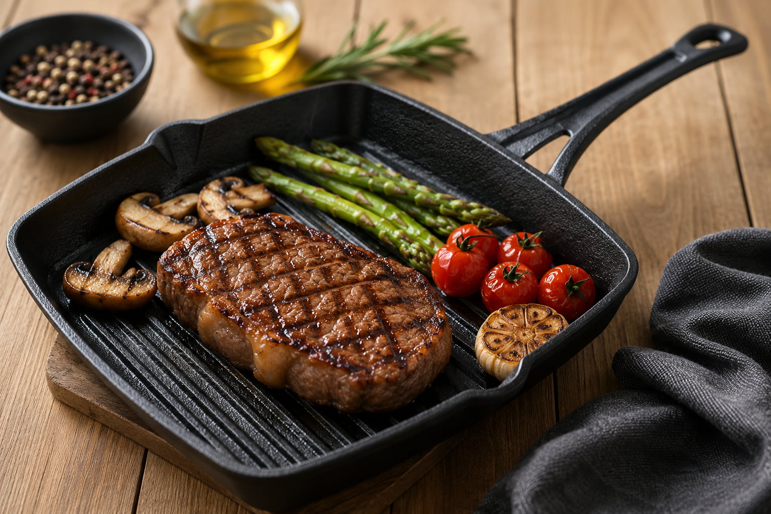 Grilovaný hovězí steak s chřestem, žampiony a rajčaty na černé grilovací pánvi na dřevěném stolu.