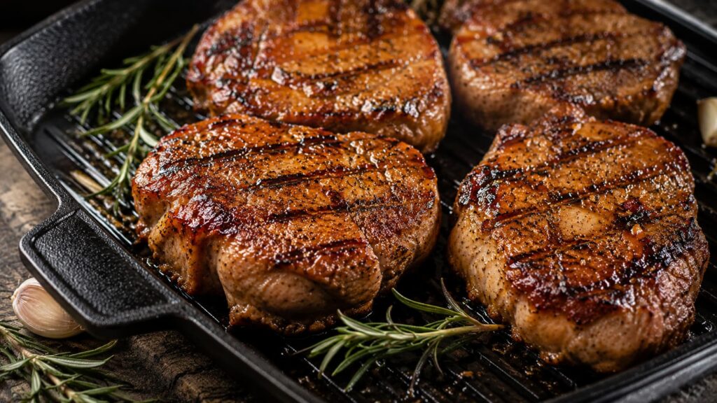 Čtyři silné grilované vepřové kotlety s patrnými otisky grilu na černé litinové grilovací pánvi, doplněné čerstvým rozmarýnem a stroužky česneku.