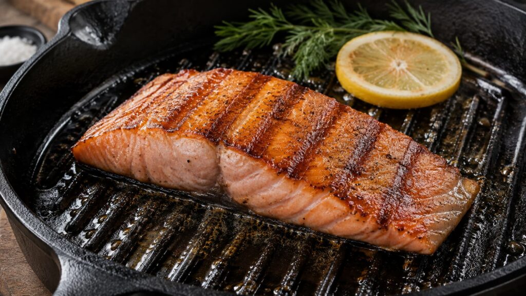 Grilovaný filet z lososa s patrnými otisky grilu na černé litinové grilovací pánvi, doplněný plátkem citronu a snítkou kopru.